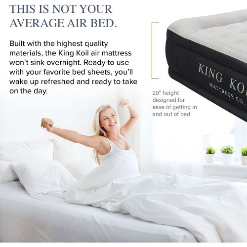  King Koil Luxury Air Mattress Queen with Built-in Pump for Home, Camping & Guests - 20” Queen Size Inflatable Airbed Luxury Double High Adjustable Blow Up Mattress, Durable Portabl