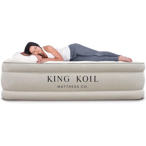  King Koil Luxury Queen Size Air Mattress with Built-in Pump for Home, Camping & Guests - 20” Queen Size Inflatable Airbed Luxury Double High Adjustable Blow Up Mattress, Durable Po