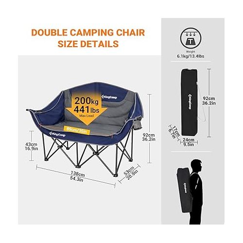  KingCamp Double Camping Chair Loveseat Heavy Duty for Adults Two Person Outdoor Folding Chairs with Cup Holder Wine Glass Holder Support 440 lbs for Outside Picnic Beach Travel