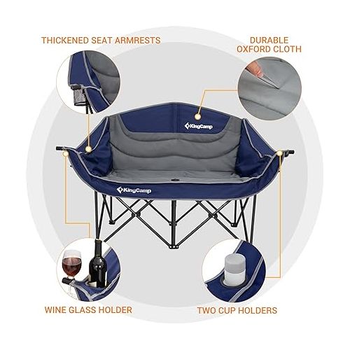  KingCamp Double Camping Chair Loveseat Heavy Duty for Adults Two Person Outdoor Folding Chairs with Cup Holder Wine Glass Holder Support 440 lbs for Outside Picnic Beach Travel