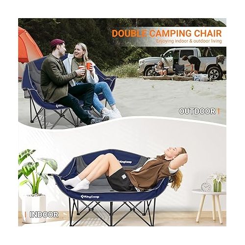  KingCamp Double Camping Chair Loveseat Heavy Duty for Adults Two Person Outdoor Folding Chairs with Cup Holder Wine Glass Holder Support 440 lbs for Outside Picnic Beach Travel