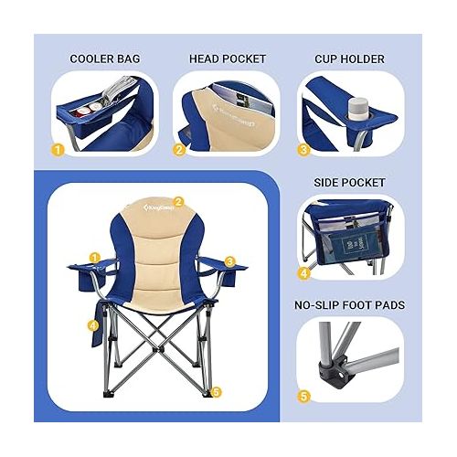  KingCamp Lumbar Support Camping Chairs with Cooler Bag Padded Folding Camping Chair for Adults with Adjustable Armrest Foldable Camp Chair Cup Holder Side and Head Pocket for Picnic Fishing,Max 353lbs