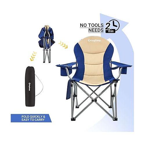  KingCamp Lumbar Support Camping Chairs with Cooler Bag Padded Folding Camping Chair for Adults with Adjustable Armrest Foldable Camp Chair Cup Holder Side and Head Pocket for Picnic Fishing,Max 353lbs