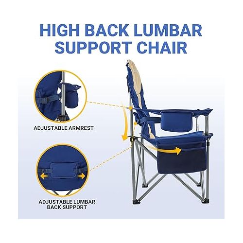  KingCamp Lumbar Support Camping Chairs with Cooler Bag Padded Folding Camping Chair for Adults with Adjustable Armrest Foldable Camp Chair Cup Holder Side and Head Pocket for Picnic Fishing,Max 353lbs