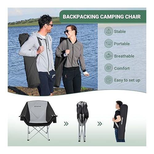  KingCamp Oversize Camping Folding Padded Seat with Cooler Bag and Armrest Cup Holder, Black&Dark Gray, Sofa Chair - Black