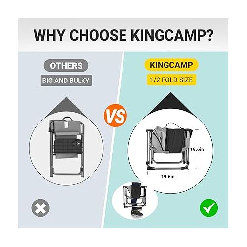  KingCamp Folding Camping Chair, Heavy Duty Director's Seat for Adults Outside, Portable Lawn Chairs with Side Table Breathable Mesh Back Compact Style for Outdoor Sports