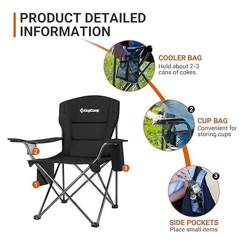  KingCamp Padded Portable Outdoor Folding Lounge Chairs with Built In Cupholder, Insulated Cooler Sleeve, and Side Storage Pocket, Black