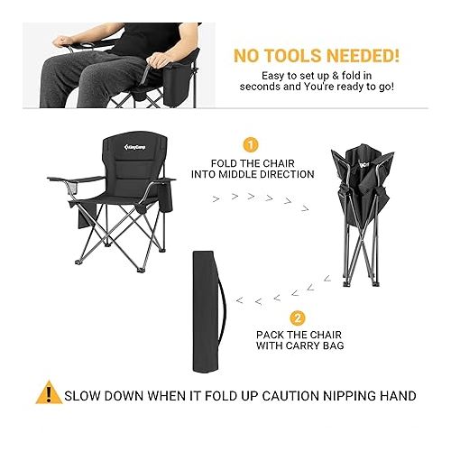  KingCamp Padded Portable Outdoor Folding Lounge Chairs with Built In Cupholder, Insulated Cooler Sleeve, and Side Storage Pocket, Black