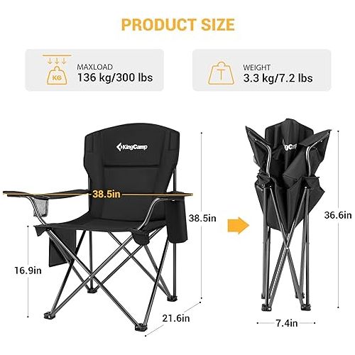 KingCamp Padded Portable Outdoor Folding Lounge Chairs with Built In Cupholder, Insulated Cooler Sleeve, and Side Storage Pocket, Black