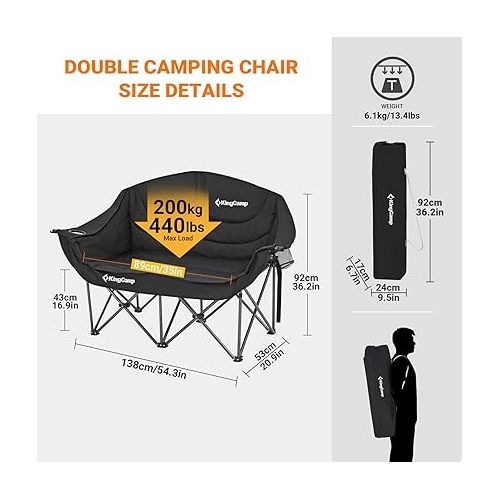  KingCamp Double Camping Chair Oversized Loveseat Camping Couch Heavy Duty Outdoor Folding Chair with Cup Holder Wine Glass Holder Support 440 lbs for Outside Picnic Beach Travel Deep Black