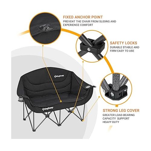  KingCamp Double Camping Chair Oversized Loveseat Camping Couch Heavy Duty Outdoor Folding Chair with Cup Holder Wine Glass Holder Support 440 lbs for Outside Picnic Beach Travel Deep Black