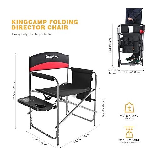  KingCamp Camping Directors Chairs Supports 400 Pounds for Adults, Padded Folding Portable Camping Chair with Side Table, Storage Pockets, Red (2-Pack)