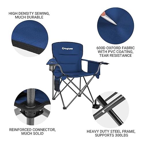 KingCamp Oversized Folding Camping Chair for Adults Portable Outdoor Lawn Heavy Duty with Cooler, Cup Holder, Side Pocket,Carry Bag, 2 Pack, Blue