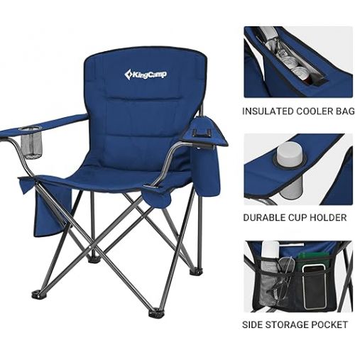  KingCamp Oversized Folding Camping Chair for Adults Portable Outdoor Lawn Heavy Duty with Cooler, Cup Holder, Side Pocket,Carry Bag, 2 Pack, Blue