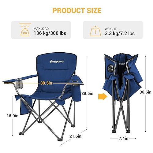  KingCamp Oversized Folding Camping Chair for Adults Portable Outdoor Lawn Heavy Duty with Cooler, Cup Holder, Side Pocket,Carry Bag, 2 Pack, Blue