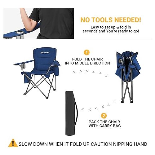  KingCamp Oversized Folding Camping Chair for Adults Portable Outdoor Lawn Heavy Duty with Cooler, Cup Holder, Side Pocket,Carry Bag, 2 Pack, Blue