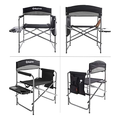  KingCamp Heavy Duty Compact Camping Folding Lightweight Padded Chair with Side Table and Storage Pocket, Seating Capacity 396 Pounds, Black Grey