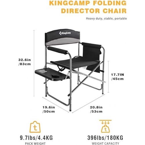  KingCamp Heavy Duty Compact Camping Folding Lightweight Padded Chair with Side Table and Storage Pocket, Seating Capacity 396 Pounds, Black Grey