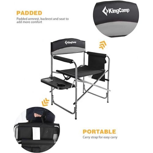  KingCamp Heavy Duty Compact Camping Folding Lightweight Padded Chair with Side Table and Storage Pocket, Seating Capacity 396 Pounds, Black Grey