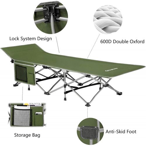  KingCamp Folding Camping Cot for Adults W/Carry Bag, Portable Sleeping Cot for Camp Office Use W/Pockets, Heavy Duty Folding Cot Bed, Blue Gray Green