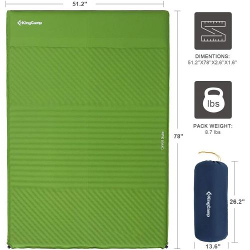  KingCamp Sleeping Pad, Double/Single Self Inflating Mat Air Mattress for Camping, Lightweight Compact Foam Pads for Outdoor Backpacking Tent Traveling Hiking, Built-in/Detached Pil