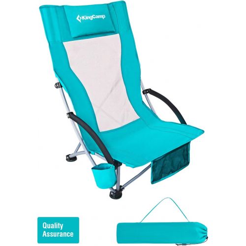  KingCamp High Back Low Seat Beach Chair Concert Folding Chair with Armrest and Cup Holder, 2 Sets