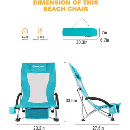  KingCamp High Back Low Seat Beach Chair Concert Folding Chair with Armrest and Cup Holder, 2 Sets