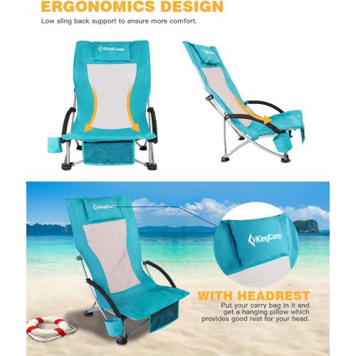  KingCamp High Back Low Seat Beach Chair Concert Folding Chair with Armrest and Cup Holder, 2 Sets