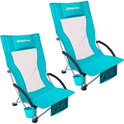  KingCamp High Back Low Seat Beach Chair Concert Folding Chair with Armrest and Cup Holder, 2 Sets