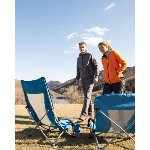  KingCamp High Back Low Seat Beach Chair Concert Folding Chair with Armrest and Cup Holder, 2 Sets