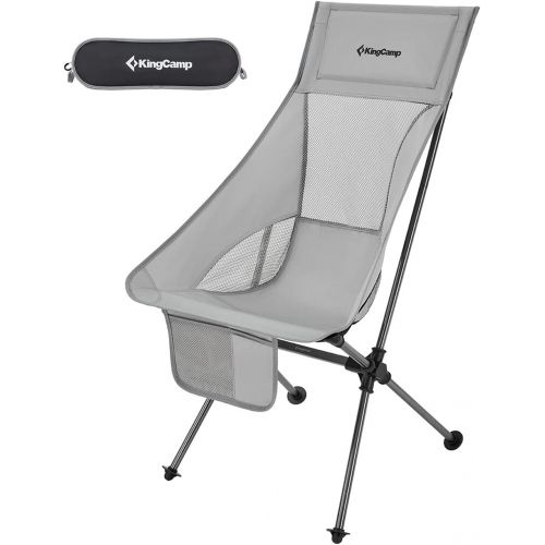  KingCamp KC1908_Navy Ultralight High Back Portable Camping Folding Chair with Carry Bag, Side Pocket, & Padded Headrest, Supports 330 Pounds, Gray