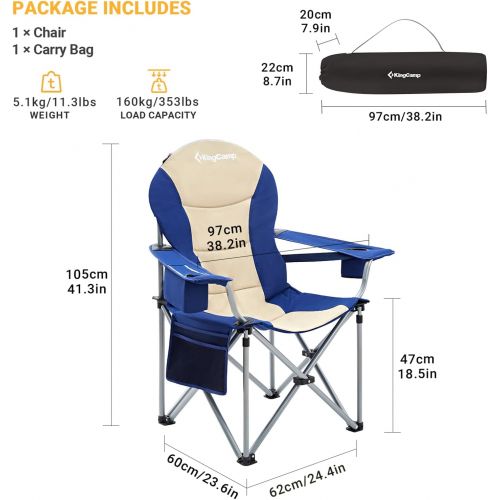  KingCamp Oversized Heavy Duty Padded Outdoor Camping Folding Chair with Lumbar Back Support, Cooler, Armrest, Cup Holder, Side Pocket, Supports 353 lbs