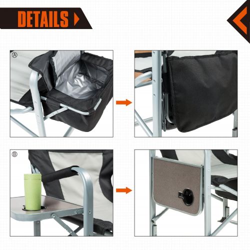  KingCamp Heavy Duty Folding Portable Padded Camping Directors Chair with Side Table Cooler Bag for Outdoor Fishing Tailgating Sports Backpacking Beach Trip Picnic, One Size, Black/