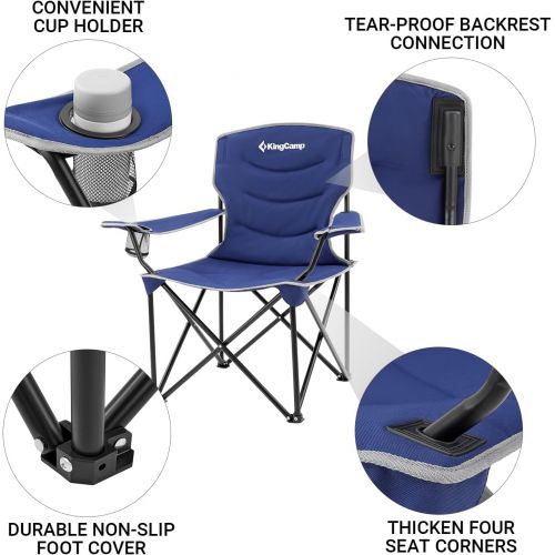  KingCamp Outdoor Camping Folding Chair Oversized Padded Arm Chair Folding Lawn Chairs Heavy Duty Steel Frame High Back with Cooler Bag Cup Holder (Cyan)