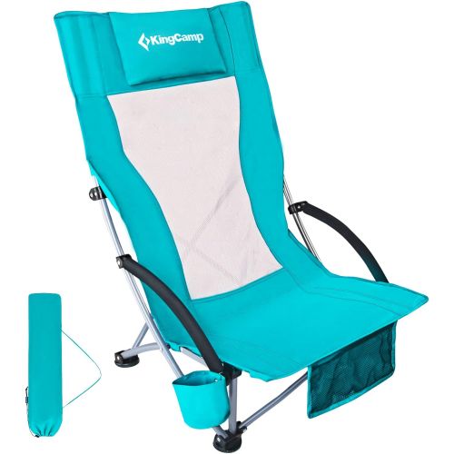  KingCamp Beach Chair High Back Lightweight Folding Backpack Chair with Cup Holder Pocket Pillow Bag for Outdoor Camping Sand Concert Lawn Festival Sports, Cyan