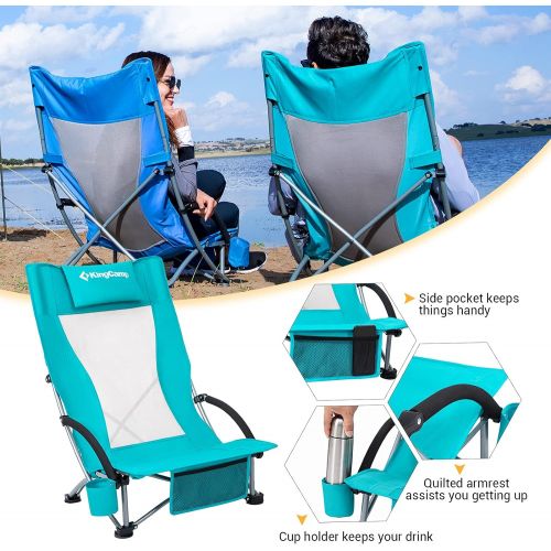  KingCamp Beach Chair High Back Lightweight Folding Backpack Chair with Cup Holder Pocket Pillow Bag for Outdoor Camping Sand Concert Lawn Festival Sports, Cyan