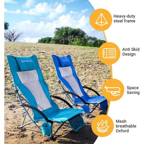  KingCamp Beach Chair High Back Lightweight Folding Backpack Chair with Cup Holder Pocket Pillow Bag for Outdoor Camping Sand Concert Lawn Festival Sports, Cyan