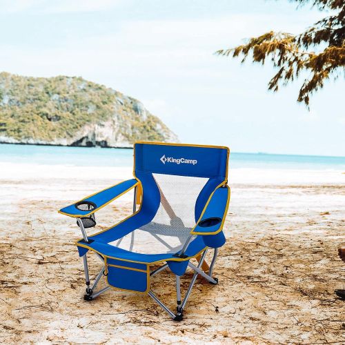 KingCamp Low Sling Beach Chairs,Folding Low/High Mesh Reclining Back Low Seat Beach Chair for Adults with Headrest,Cup Holder,Carry Bag Padded Armrest for Sand Camping Lawn Concert