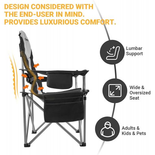  KingCamp Oversized Heavy Duty Padded Outdoor Camping Folding Chair with Lumbar Back Support, Cooler, Armrest, Cup Holder, Side Pocket, Supports 353 lbs