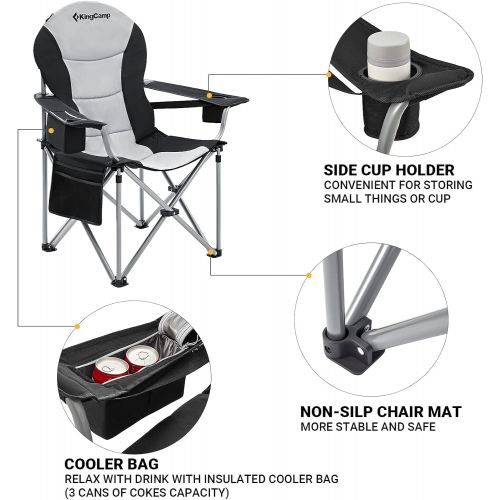  KingCamp Oversized Heavy Duty Padded Outdoor Camping Folding Chair with Lumbar Back Support, Cooler, Armrest, Cup Holder, Side Pocket, Supports 353 lbs