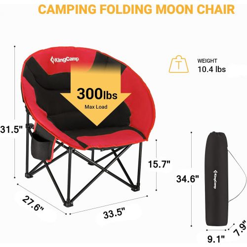  KingCamp Camping Chair Oversized Padded Moon Round Saucer Chairs Camping Folding Chair with Cup Holder,Storage Bag,Carry Bag for Camping, Hiking Fishing Sports Balck&Red Camping Ch