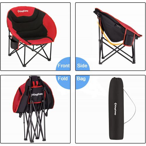  KingCamp Camping Chair Oversized Padded Moon Round Saucer Chairs Camping Folding Chair with Cup Holder,Storage Bag,Carry Bag for Camping, Hiking Fishing Sports Balck&Red Camping Ch