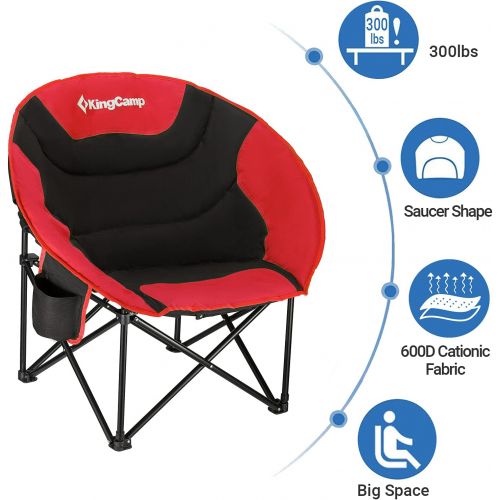  KingCamp Camping Chair Oversized Padded Moon Round Saucer Chairs Camping Folding Chair with Cup Holder,Storage Bag,Carry Bag for Camping, Hiking Fishing Sports Balck&Red Camping Ch