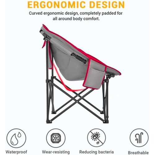  KingCamp Folding Portable Indoor or Outdoor Waterproof Saucer Lounge Camping and Bedroom Chair with Cupholder and Back Storage Pocket, Red/Grey