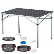 KingCamp Lightweight Aluminum Alloy Folding Table Portable Strong Stable Roll up Table with Camping Cookware Mess Kit 8 Pcs Camping Cookware Set for Family Hiking Picnic