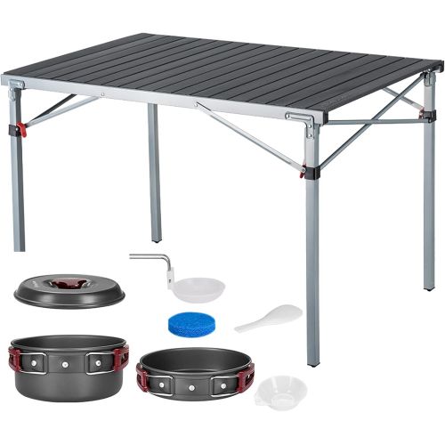  KingCamp Lightweight Aluminum Alloy Folding Table Portable Strong Stable Roll up Table with Camping Cookware Mess Kit 8 Pcs Camping Cookware Set for Family Hiking Picnic