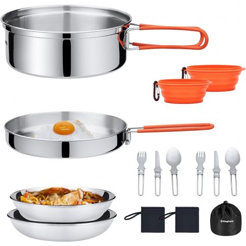  KingCamp 17/25 PCS Stainless Steel Camping Cookware Mess Kit, Nonstick Lightweight Compact Backpacking Cooking Set for Outdoor Picnic Hiking, Includes Pot Pan Bowls Plates and Cutl