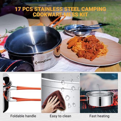  KingCamp 17/25 PCS Stainless Steel Camping Cookware Mess Kit, Nonstick Lightweight Compact Backpacking Cooking Set for Outdoor Picnic Hiking, Includes Pot Pan Bowls Plates and Cutl