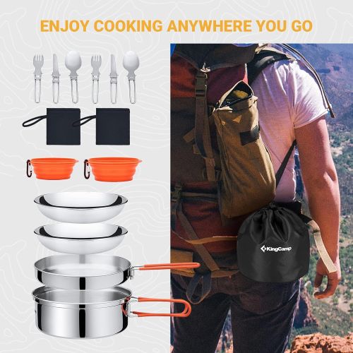  KingCamp 17/25 PCS Stainless Steel Camping Cookware Mess Kit, Nonstick Lightweight Compact Backpacking Cooking Set for Outdoor Picnic Hiking, Includes Pot Pan Bowls Plates and Cutl