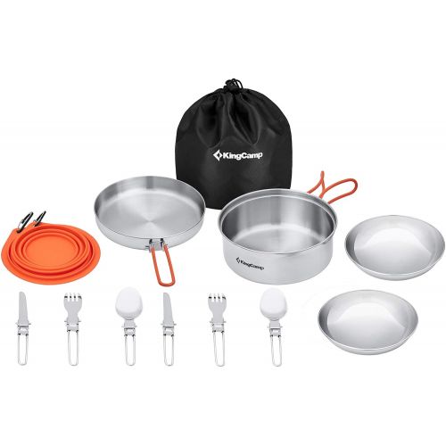  KingCamp 17/25pcs Stainless Steel Camping Cookware Mess Kit Camping Cooking Set Backpacking Gear Lightweight Pots and Pans Set with Folding Knife Fork for Camping Hiking Picnic